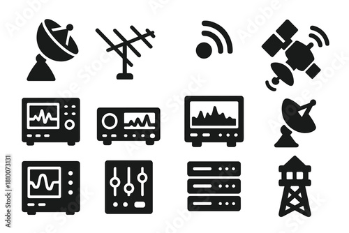 Radio Astronomy Icons. Solid style icons of radio astronomy: radio dish, antenna array, signal wave, satellite, data console,