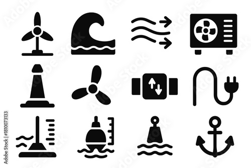 Tidal Energy Icons. Solid style icons of tidal energy: tidal turbine, ocean wave, water current, generator, underwater mount,