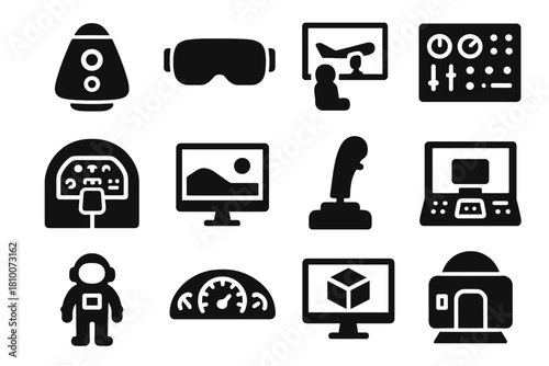 Simulation Icons Collection. Solid style icons of simulations: space capsule, VR headset, flight simulator, control panel, mock