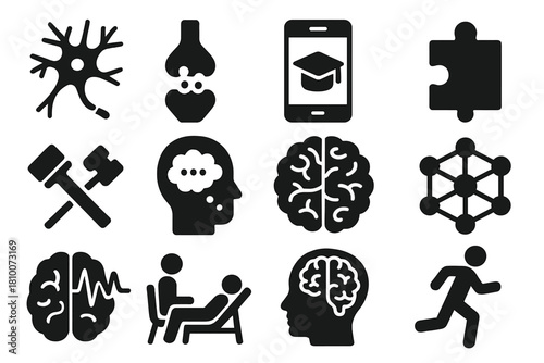 Cognitive Rehab Icons. Solid style icons of Cognitive Rehabilitation: neuron, synapse, learning app, puzzle piece, rehab tools,