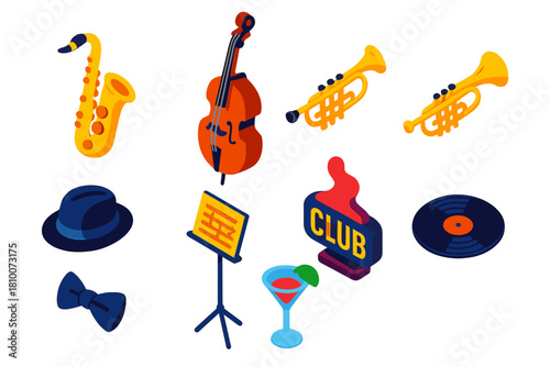 Jazz Instrument Icons. Isometric vector illustration set Musical genres – saxophone, upright bass, jazz trumpet; fedora hat, bow