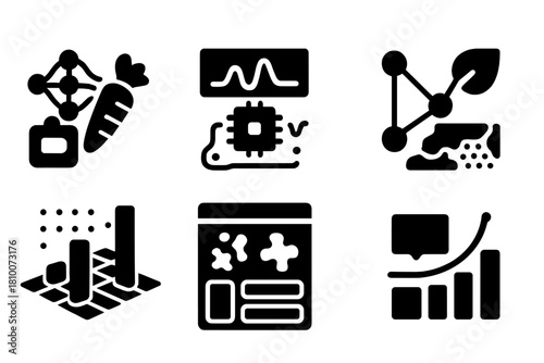 Hyperspectral Data Icons. Solid style icons of hyperspectral data interpretation: neural net food scan, AI spectral analysis board