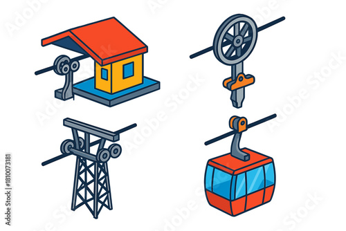 Vibrant Cable Car Icons. Isometric vector illustration set Public transportation – cable car, mountain station, suspension cable;