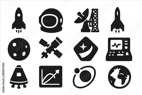 Space Race Icons. Solid style icons of Space Race connections: rocket, astronaut helmet, satellite, launch pad, moon, telescope,