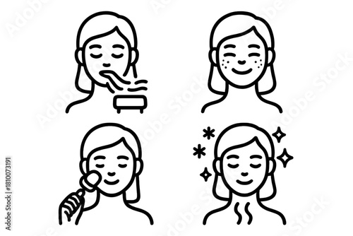 Cryo Facial Icons. Line style icons of clients enjoying cryo facials: person with relaxed face, closed eyes under cold mist, smile