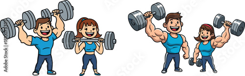 Strong Enthusiastic Couple Lifting Heavy Weights and Dumbbells in a Dynamic Gym Workout, Demonstrating Strength Training and Bodybuilding for Health, Fitness, and Muscle Growth, Cartoon Vector