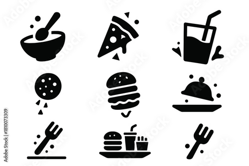 Physics-Defying Snacks. Solid style icons of physics-defying bites: gravity-reversed soup, floating pizza slice, unspilled drink