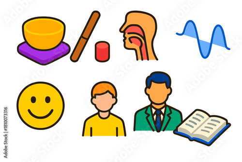 Sound Therapy Elements. Isometric vector illustration set Sound therapy – voice tone bowl, striker set, cushion mat; vocal cord