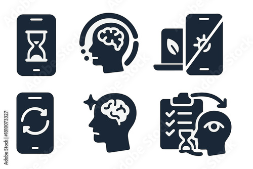 Digital Wellness Icons. Solid style icons of digital hormesis practices: screen-time limit badge, cognitive overload ring, tech