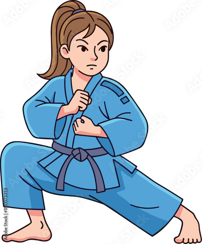 Strong Young Female Athlete in a Blue Gi Performing a Low Horse Stance with Focused Expression, Practicing Traditional Martial Arts, Kung Fu, or Karate for Balance, Strength, and Self-Defense