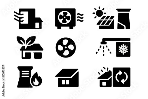 Low-Energy Cooling Icons. Solid style icons of Low-Energy Cooling: natural airflow, evaporative cooler, solar chiller, green roof,