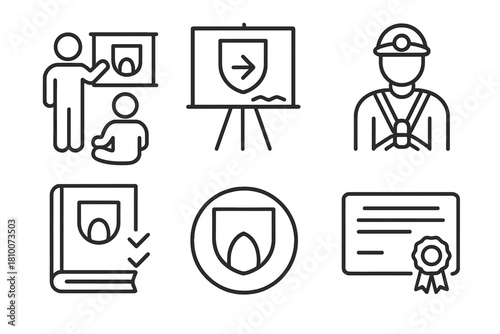 Caving Education Icons. Line style icons of caving clubs and education: training session icon, cave safety lesson board, student