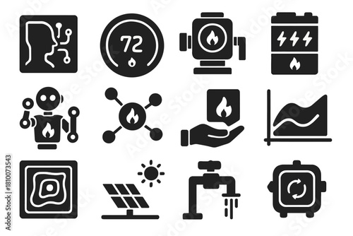 Futuristic Heating Icons. Solid style icons of futuristic heating technology: AI control panel, smart thermostat, automated pump,
