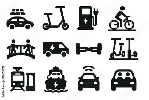 Sustainable Mobility Icons. Solid style icons of Sustainable Mobility: solar car, electric scooter, charging station, bike lane,