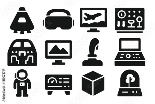 Simulation Icons Collection. Solid style icons of simulations: space capsule, VR headset, flight simulator, control panel, mock