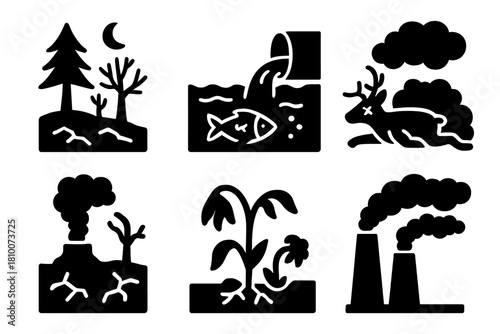 Dark Ecology Icons. Solid style icons of dark ecology: decaying forests, polluted rivers, dying animals. Toxic landscapes, broken