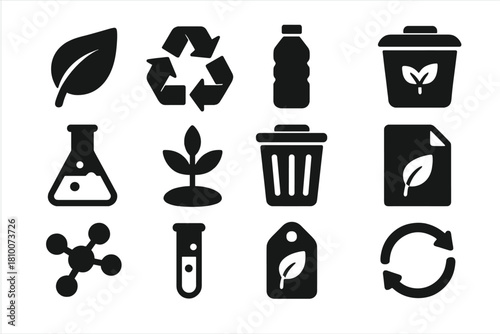 Biodegradable Icons Collection. Solid style icons of biodegradable plastics: leaf symbol, recycling icon, plastic bottle, compost