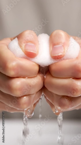Squeezing out a sponge with water. Close-up of two hands holding a white rectangular sponge, showing absorbency and elasticity as it compresses and expands