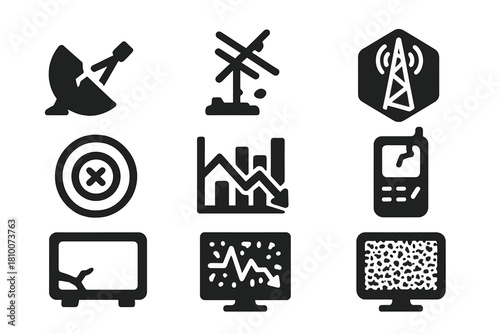 Broadcast Ruins Icons. Solid style icons of broadcast ruins: collapsed satellite dish glyph, rusted antenna icon, tower badge.