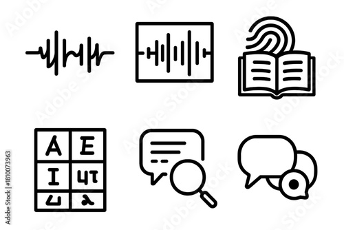 Forensic Linguistics Icons. Line style icons of Forensic Linguistics: voice waveform, audio spectrogram, linguistic fingerprint,