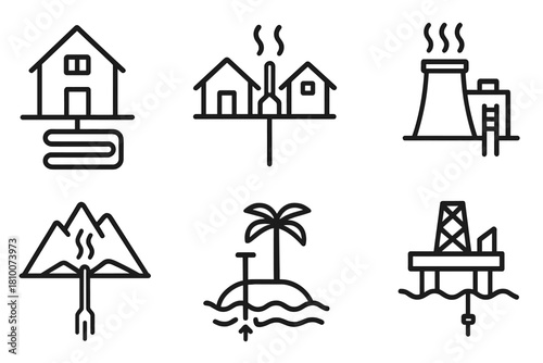 Geothermal Energy Icons. Line style icons of geothermal in remote areas: off-grid home with ground coil, rural community with