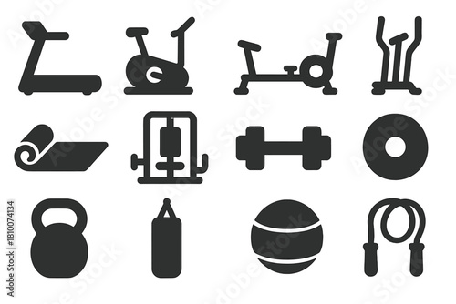 Solid Gym Equipment Icons. Solid style icons of training equipment: treadmill, stationary bike, rowing machine, elliptical, gym