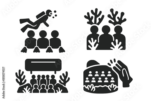 Underwater Spectator Icons. Solid style icons of underwater audience and setting: diver spectators icon, coral bleachers badge,