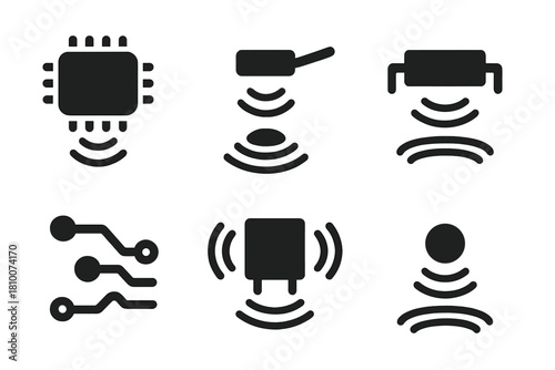 Acoustic Levitation Icons. Solid style icons of acoustic levitation in electronics: hovering microchip icon, non-contact solder