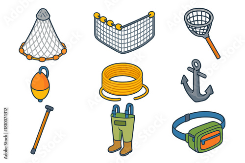 Fishing Gear Icons. Isometric vector illustration set Fishing equipment – cast net, seine net, dip net; buoy float, rope coil,