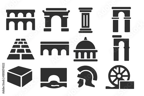 Roman Engineering Icons. Solid style icons of Roman engineering: aqueduct, arch, column, amphitheater, road, bridge, dome,