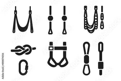 Yoga Hammock Icons. Solid style icons of yoga hammocks and straps: silk hanging strap, dual-point anchor icon, looped sling panel.