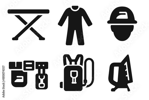 Extreme Ironing Gear. Solid style icons of extreme ironing gear: reinforced ironing board, heat-resistant suit icon, safety