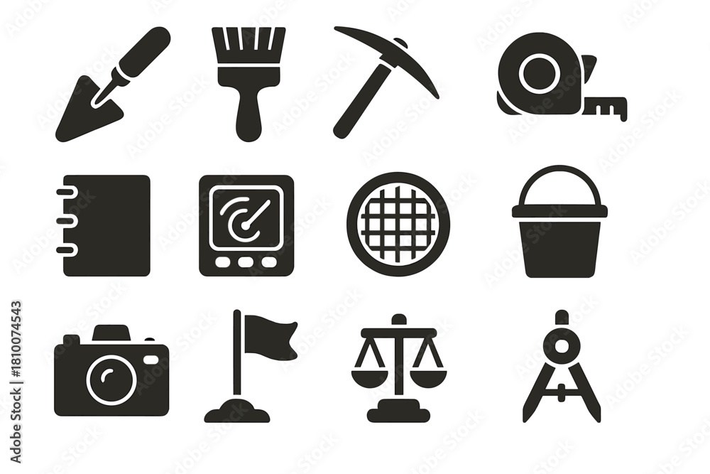 Fototapeta premium Excavation Tools Icons. Solid style icons of excavation tools: trowel, brush, pickaxe, measuring tape, notebook, sonar device,