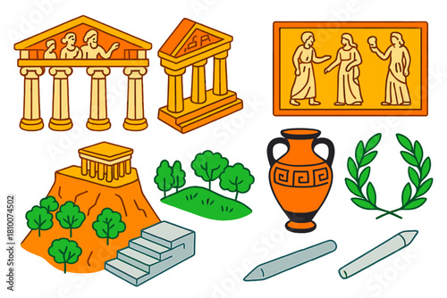 Greek Monuments Icons. Isometric vector illustration set Historical monuments – Parthenon columns, pediment sculpture, frieze