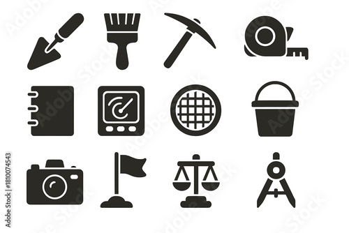 Excavation Tools Icons. Solid style icons of excavation tools: trowel, brush, pickaxe, measuring tape, notebook, sonar device,