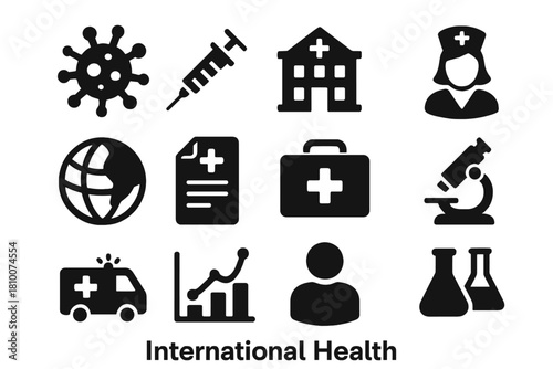 International Health Icons. Solid style icons of International Health: infectious pathogen, vaccination shot, clinic building,