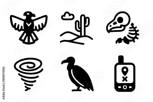 Cryptid Research Icons. Line style icons of Cryptid Research: Thunderbird icon, open desert, skeletal remains, dust storm swirl,