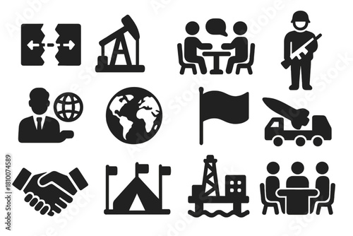 International Conflict Icons. Solid style icons of International Conflicts: disputed border, resource extraction, diplomatic talks