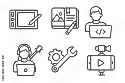 Creative Nomad Icons. Line style icons of creative nomads: digital artist tablet, travel writer journal, remote coder icon,