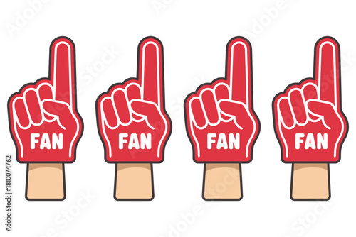 Fan foam finger hands up vector illustration set, number one glove icon, sports game support, cheering team equipment symbol, isolated on transparent background, digital graphic for apps, websites, 
