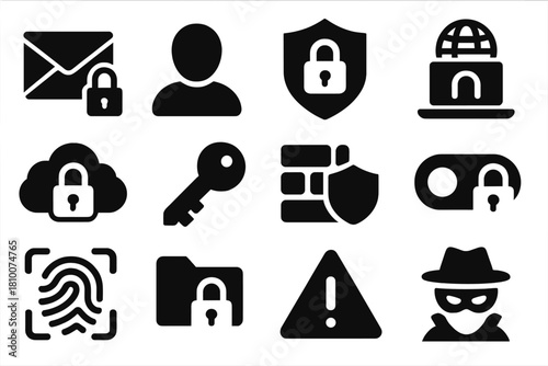 Digital Security Icons. Solid style icons of Secure Digital Communication: encrypted message, anonymous avatar, data protection,