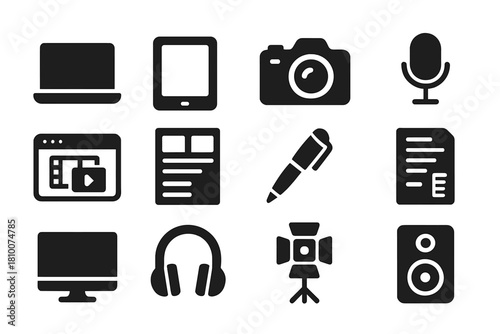 Digital Storytelling Icons. Solid style icons of digital storytelling tools: laptop, tablet, camera, microphone, editing software,