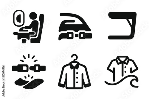Extreme In-Flight Ironing. Line style icons of Extreme Ironing: airplane cabin ironing, seatbelt iron, tray table icon, fasten