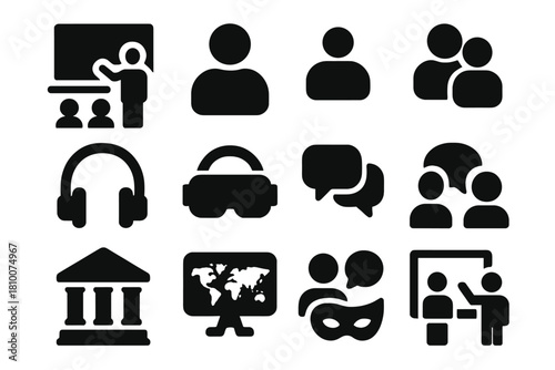 Immersion Method Icons. Solid style icons of immersion methods: classroom, teacher figure, student group, headset, VR headset,