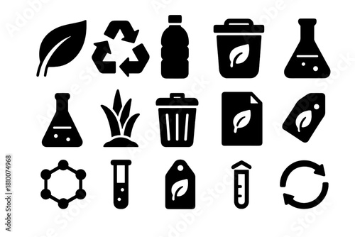 Biodegradable Icons Collection. Solid style icons of biodegradable plastics: leaf symbol, recycling icon, plastic bottle, compost