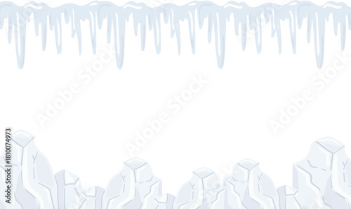 abstract winter glacial frame border with hanging icicles and snow ice blocks elements isolated on white background frozen cold season template