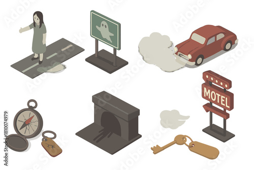 Urban Legends Isometric Scene. Isometric vector illustration set of Urban legends: vanishing hitchhiker, ghostly highway sign,