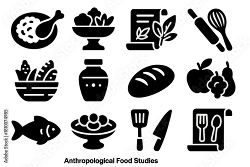 Anthropological Food Icons. Solid style icons of Anthropological Food Studies: traditional meal, ceremonial dish, historical
