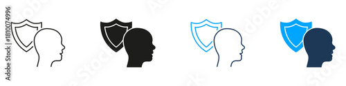 Head With Shield Line And Solid Icon Set. Mental Health, Protection, And Security Symbol Collection. Psychological Safety And Well-Being. Isolated Vector Illustration