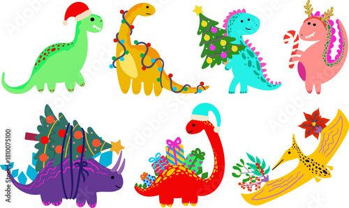 set of cute cartoon dinosaurs celebrating christmas and new year party isolated background funny kids holiday web design elements